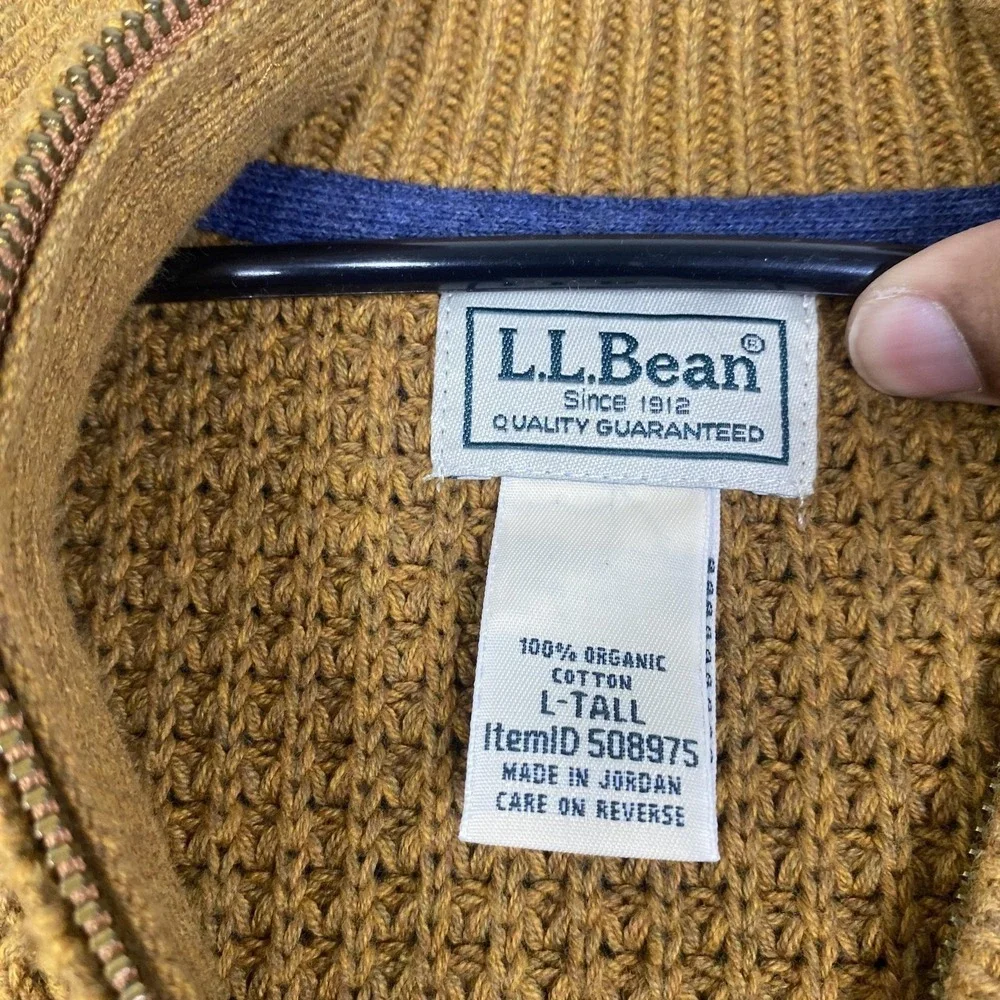 LL Bean Sweater Mens LT Brown 100% Organic Cotton Waffle Knit 1/4 Zip Mock Neck